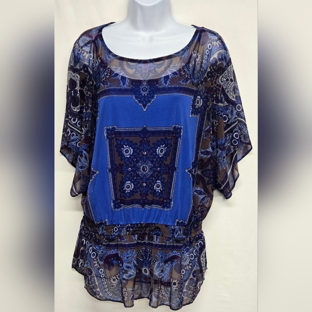 I.N.C Petite L Pullover Sheer Top Connected Tank Elastic Waist Batwing Sleeve